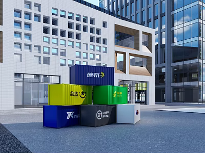 Multiple Colorful Industrial Equipment Storage Containers Stacked Near Modern Urban Buildings 3d model