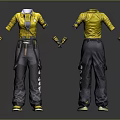 Yellow Short Sleeved Top And Gray Cargo Pants Outfit With Matching Gloves Utility Pockets