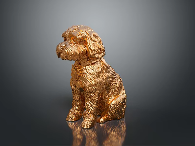 Golden Textured Dog Statue With Metallic Finish On Dark Reflective Surface 3d model