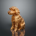 Golden Textured Dog Statue With Metallic Finish On Dark Reflective Surface