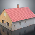 Residential House with Red Tiled Roof Yellow and Gray Exterior Walls and Chimney Design