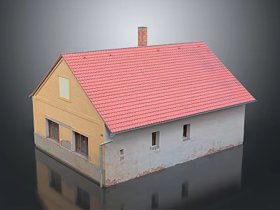 Residential House with Red Tiled Roof Yellow and Gray Exterior Walls and Chimney Design 3d model