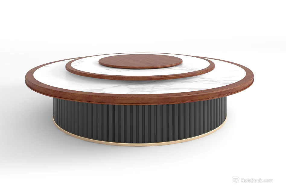 Circular Layered Dining Table With Marble Top Black Ribbed Base And Wooden Frame 3d model
