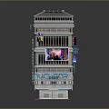 Multi Storey Modern Cinema Building Featuring Glass Curtain Walls Neon Signs And Billboards