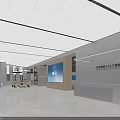 Modern Service Hall Interior With Spacious Layout Gray Walls Large Screen And Reception Counter