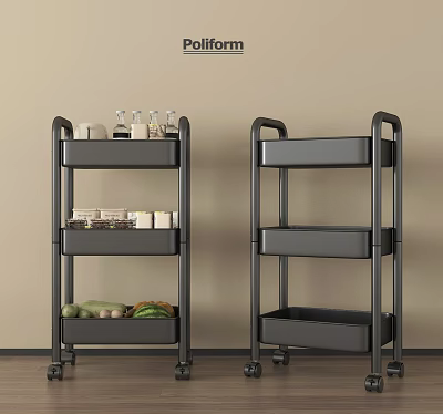 Black Wheeled Multi Tier Shelving Unit with Utility Trays for Mobile Kitchen Storage 3d model