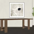 Modern Wooden Dining Table With Abstract Painting And Green Plant In Minimalist Interior