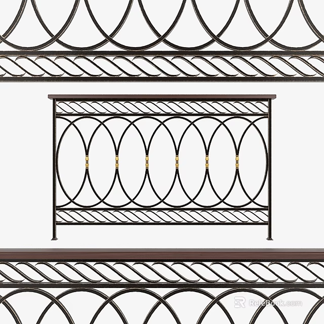 Ornate Iron Fence Design With Curved Circular Patterns And Gold Accents 3d model 