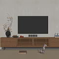 Wooden TV Stand with Decorative Vase Ornaments Cat Figurine and Books in Living Room