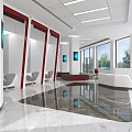 Modern Bank Lobby Interior With Floor to Ceiling Windows White Reception Desk And Red Partitions