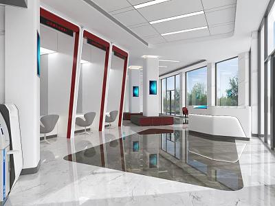 Modern Bank Lobby Interior With Floor to Ceiling Windows White Reception Desk And Red Partitions 3d model