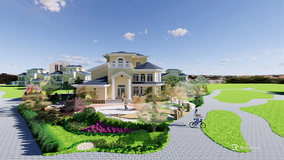 Luxurious Detached Villa with Yellow Exterior Blue Roof Lush Garden Lawn Pathway and Bicycle 3d model 
