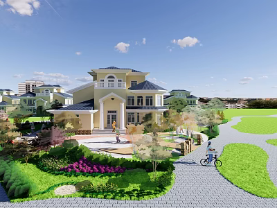 Luxurious Detached Villa with Yellow Exterior Blue Roof Lush Garden Lawn Pathway and Bicycle 3d model