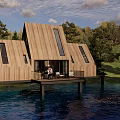 Scenic Wooden Cabins Over Lake Surrounded By Green Trees Blue Sky And White Clouds
