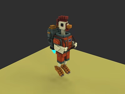 Pixel Style Chicken Character With Explorer Backpack And Glowing Parts On Yellow Ground 3d model