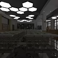 Spacious School Classroom Interior With Hexagonal Pendant Lights Green Chairs Large Screen And Bookshelves