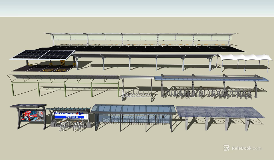 Solar Panel Covered Parking Shelter With Bus Stop Glass Structure And Seating 3d model