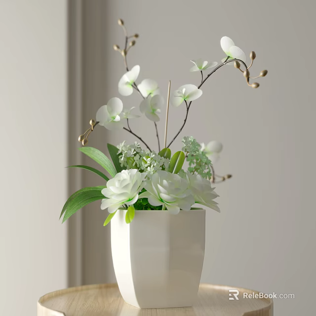 White Vase With Fresh White Flowers And Green Leaves Indoor Arrangement 3d model 