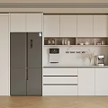 Modern Kitchen Sideboard With White Cabinets Grey Refrigerator And Coffee Machine 3d model