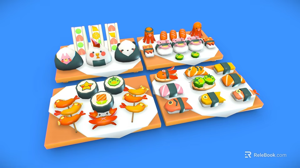 Colorful Japanese Sushi Platter With Salmon Crab Sticks Small Octopus On Orange Trays Blue Background 3d model 