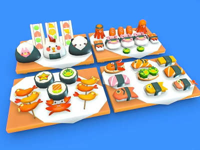 Colorful Japanese Sushi Platter With Salmon Crab Sticks Small Octopus On Orange Trays Blue Background 3d model