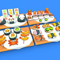 Colorful Japanese Sushi Platter With Salmon Crab Sticks Small Octopus On Orange Trays Blue Background