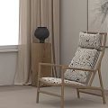 Modern Minimalist Interior Accent Chair with Wooden Frame Patterned Cushions Curtains and Natural Light