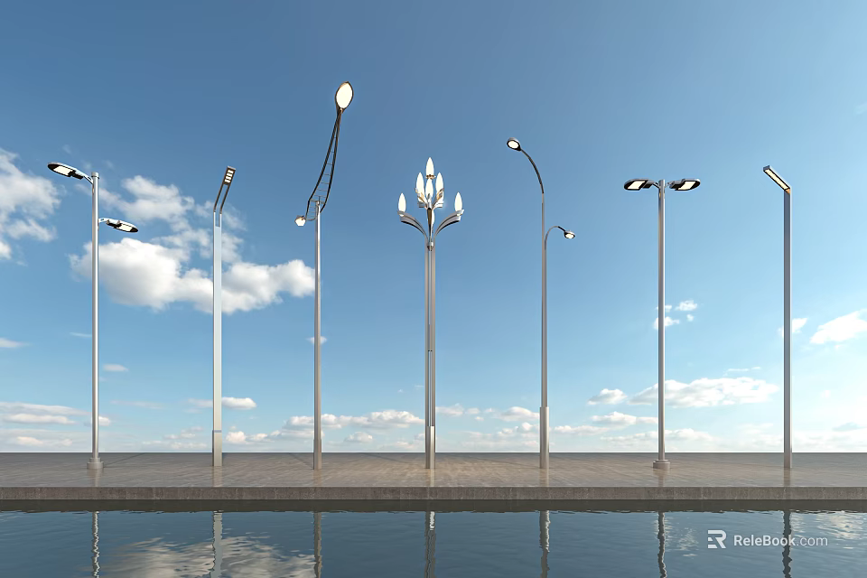 Outdoor Lights Various Designs Against Blue Sky With White Clouds And Water Reflection 3d model 