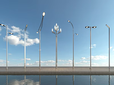 Outdoor Lights Various Designs Against Blue Sky With White Clouds And Water Reflection 3d model