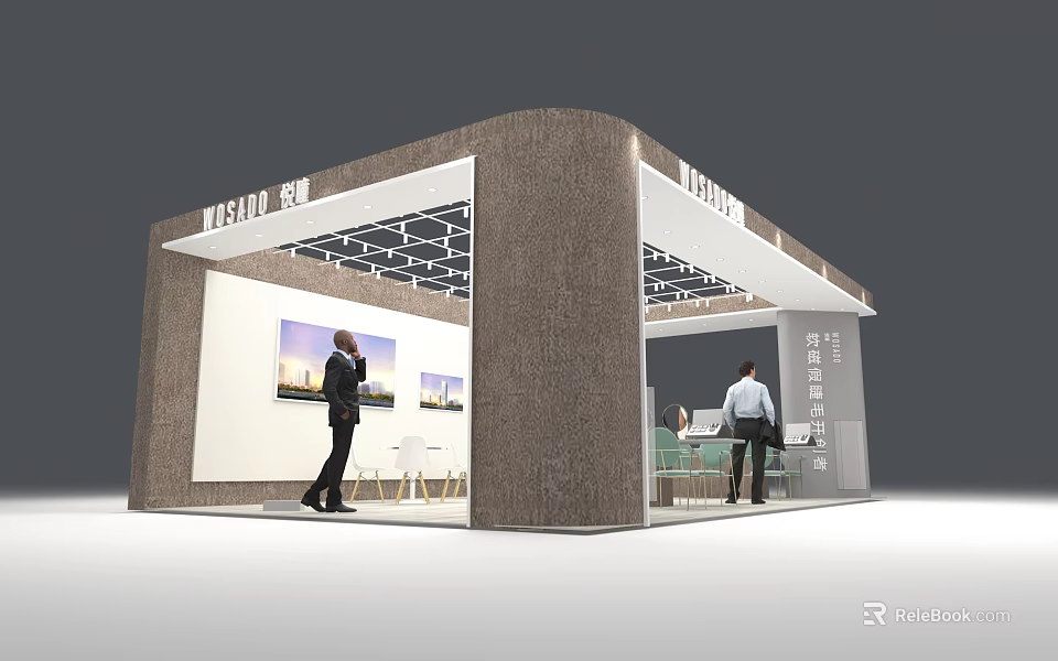 Modern Exhibition Booth Structure With People And Display Items Inside 3d model