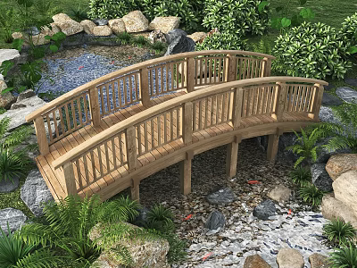 Arched Wooden Garden Bridge Surrounded by Stones Plants and Small Pond 3d model