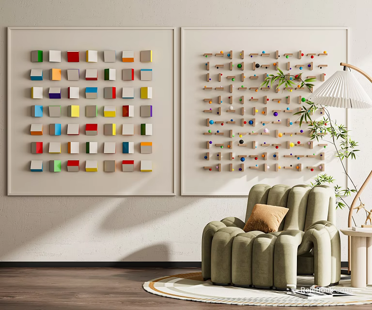 Colorful Block Shaped Abstract Paintings As Wall Decor In Modern Living Room With Chair 3d model 
