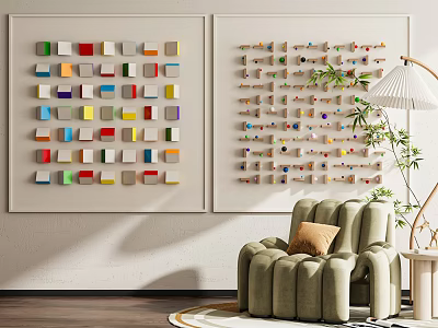 Modern Minimalist Cream Style Antique Style Decorative Painting Wall Decoration Mural Sofa Green Planting Floor Lamp Children's Room Decorative Painting Group 3d model
