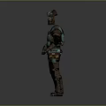 Game And Movie Character In Green And Brown Tactical Armor With Helmet Holding Decorated Weapon