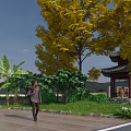 Park Landscape Featuring Curved Pathway Parking Area And Lush Green Trees 3d model