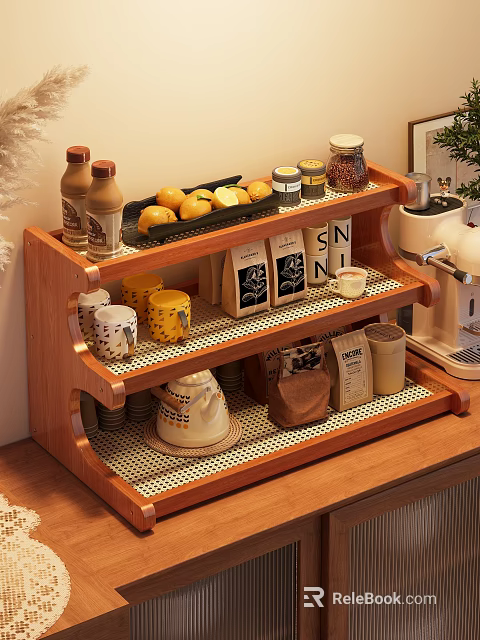 Wooden Storage Shelf with Multiple Tiers Organizing Coffee Supplies Mugs Fruits Jars in Kitchen 3d model 