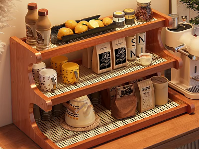 Wooden Storage Shelf with Multiple Tiers Organizing Coffee Supplies Mugs Fruits Jars in Kitchen 3d model