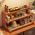 Wooden Storage Shelf with Multiple Tiers Organizing Coffee Supplies Mugs Fruits Jars in Kitchen