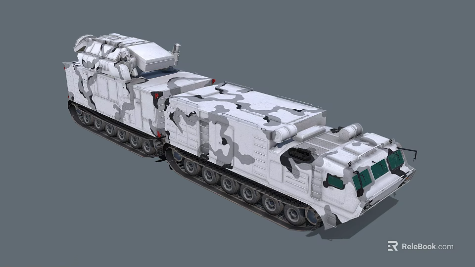 White Camouflage Tracked Armored Vehicle With Multiple Wheels And Equipment 3d model 