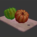 Two Vibrant Striped Pumpkins On Wooden Cutting Board For Food Preparation