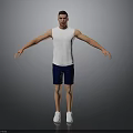 Man In White Tank Top And Blue Shorts Standing With Arms Outstretched On Gray Background