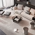Modern Beige Sofa and Round Coffee Table Set with Plush Pillows Soft Rug and Stylish Stools