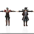 Two 3D Characters Arms Outstretched Gray Hair Brown Red Outfit Hat Dark Coat Backpack