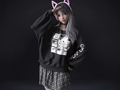Woman with Pink Cat Ears Wearing Black Graphic Sweatshirt and Plaid Skirt in Black Background 3d model