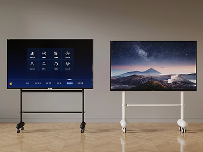 Smart TVs on Wheeled Stands Displaying Interface and Starry Mountain View Screens 3d model