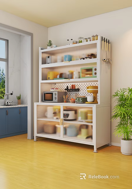 White Sideboard With Glass Door Open Shelves Holding Microwave Coffee Maker And Dishes In Kitchen 3d model 