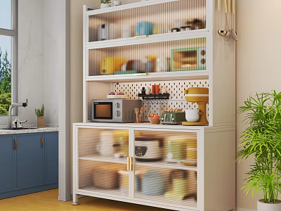 White Sideboard With Glass Door Open Shelves Holding Microwave Coffee Maker And Dishes In Kitchen 3d model