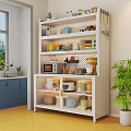 White Sideboard With Glass Door Open Shelves Holding Microwave Coffee Maker And Dishes In Kitchen