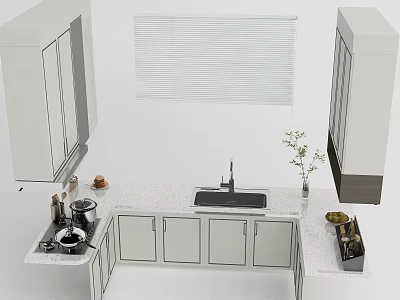 Modern Kitchen With White Cabinets Countertop Sink And Potted Plant 3d model