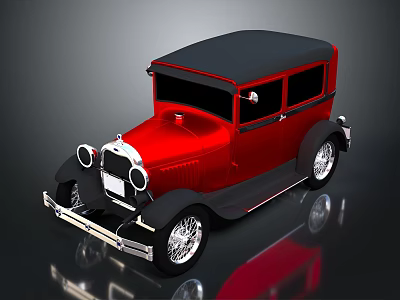 Vintage Red Car With Black Roof Classic Body Design On Reflective Surface 3d model